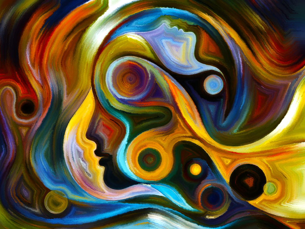 Colors of the Mind series. Background design of elements of human face, and colorful abstract shapes on the subject of mind, reason, thought, emotion and spirituality
